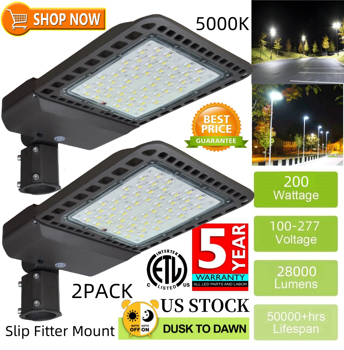 LED Parking Lot Light, 200Watt 5000K Daylight Adjustable Slip Fitter Mount 2Pack