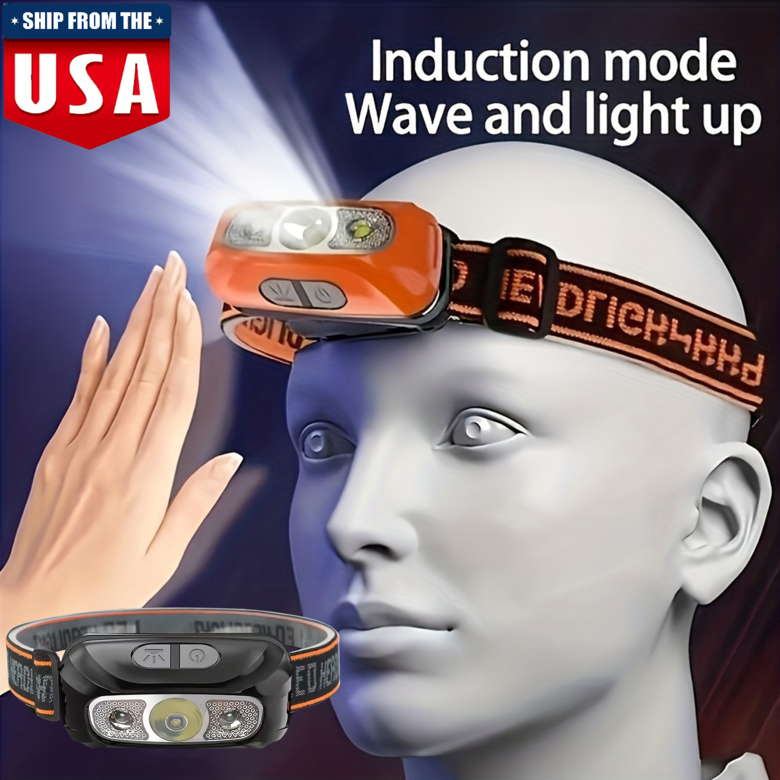 Rechargeable Hands-Free LED Headlamp Motion Sensor Outdoor Charging Headlight US