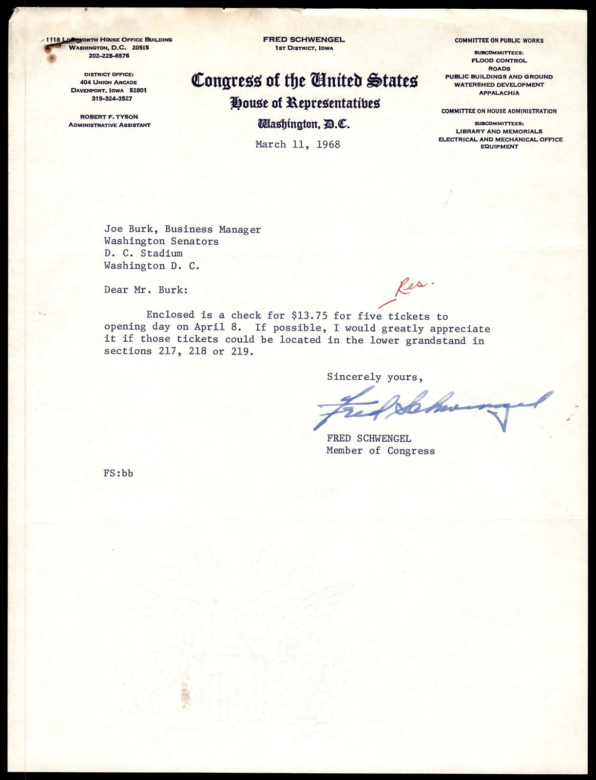 Fred Schwengel Signed U.S. House of Reps 1968 Letter to Joe Burke *CF278