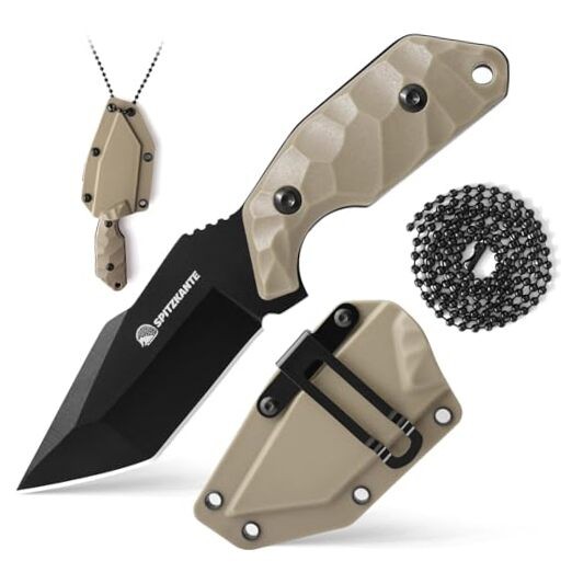 Neck Knife with Sheath and Necklace X-TAN-K, Horizontal Carry Knife Black-Khaki