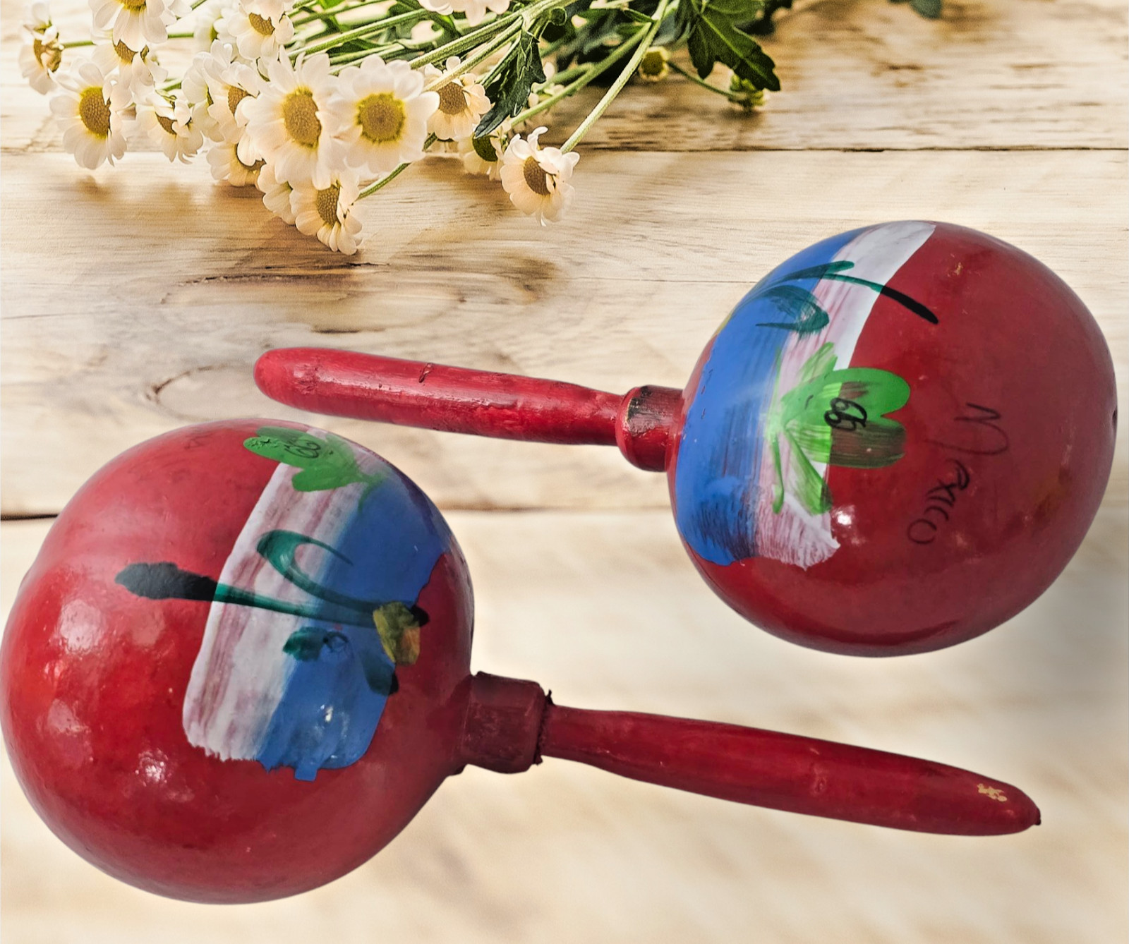 Set of 2 Large Vintage Mexican Carved and Painted Wooden Maracas 7.5" Long