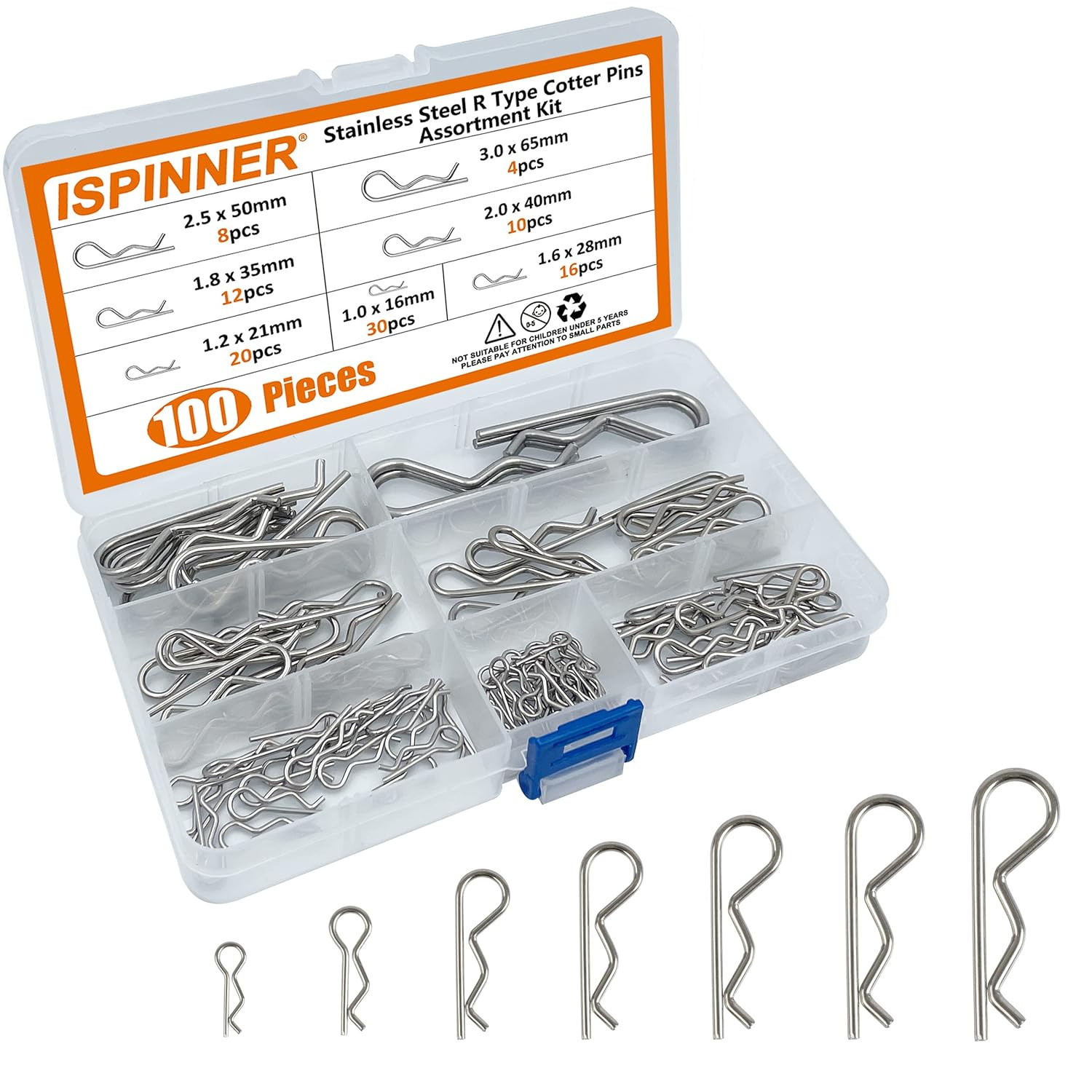 ISPINNER 100Pcs 304 Stainless Steel Cotter Pins Assortment Kit, 7 Sizes R Clips