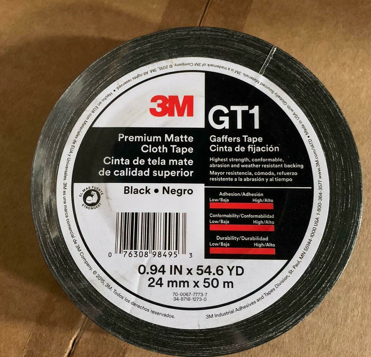 (1 ROLL) 3M Gaffers Black Tape 1" x 54.6 YD GT1 Premium Matte Cloth - NEW