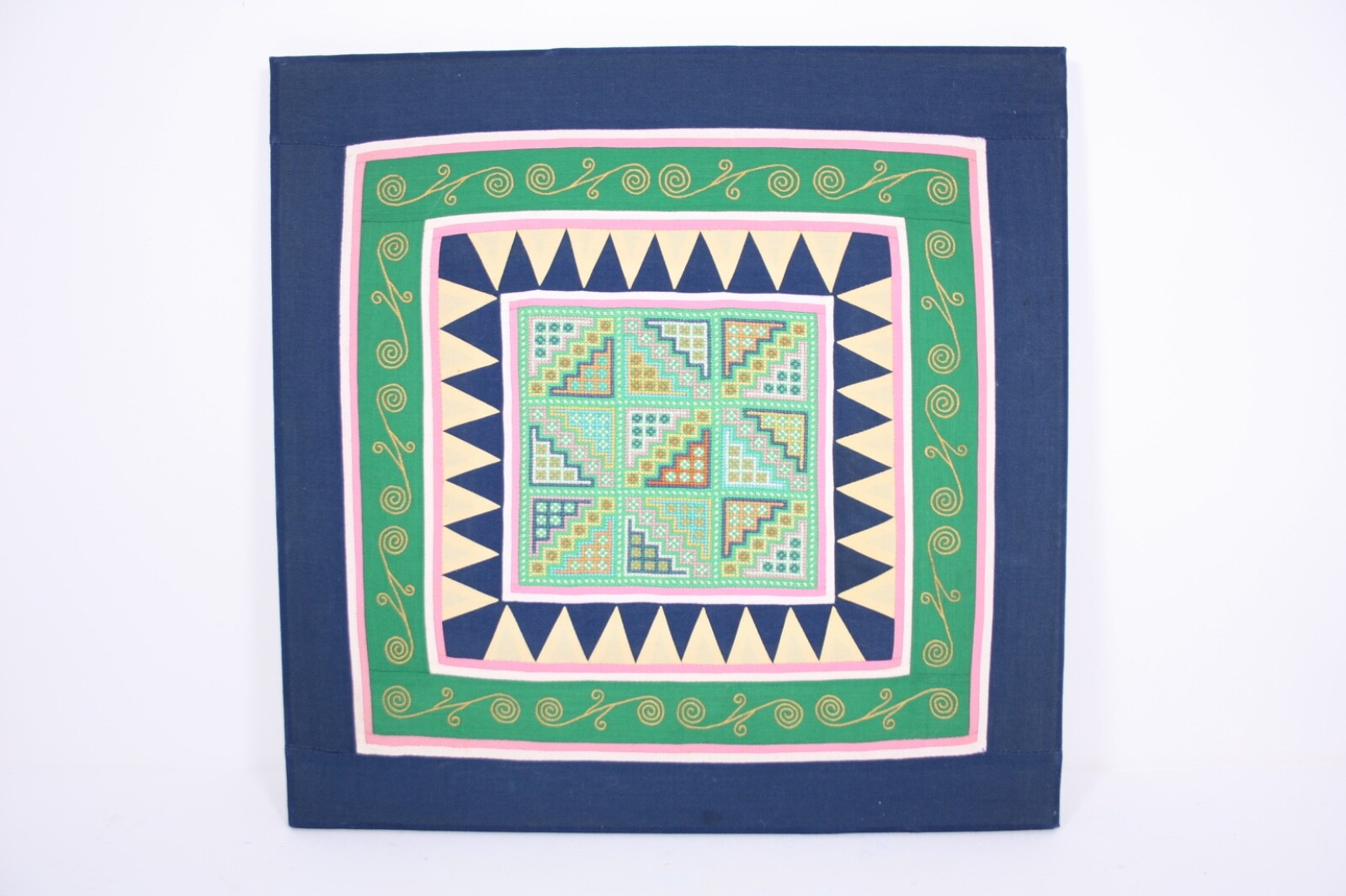 Pieced Chain and Cross Stitched 18” Quilt Style Textile Art