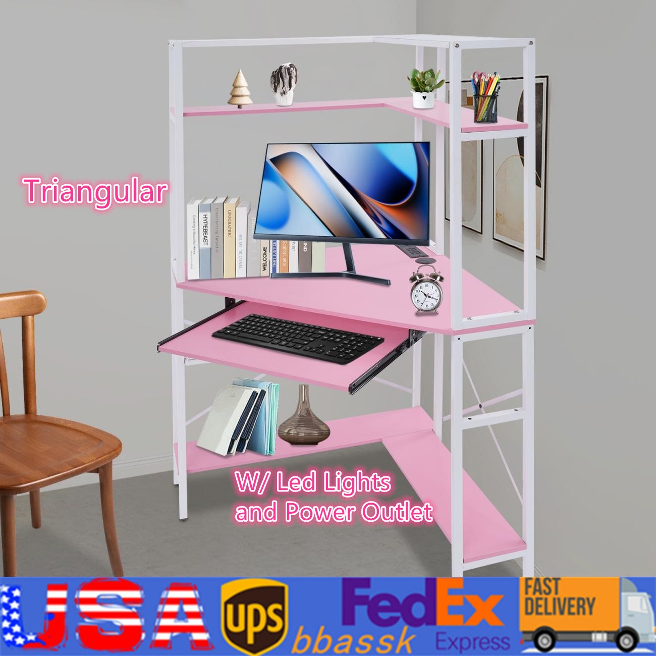Corner Desk, Corner Computer Desk with Power Outlets, Corner Computer Desk