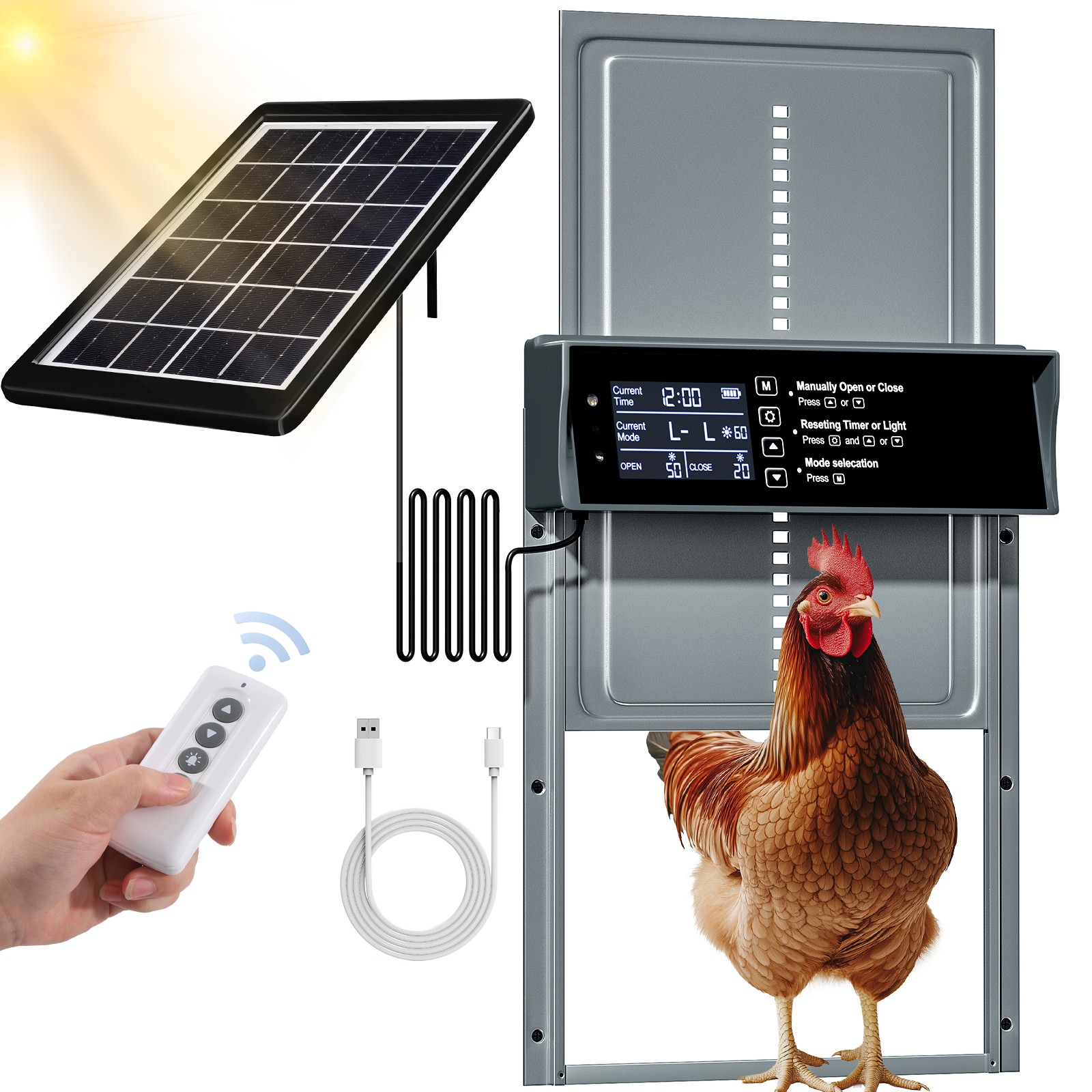 Gray Automatic Chicken Solar Powered Chicken Coop Door Opener Timer&Light Sensor