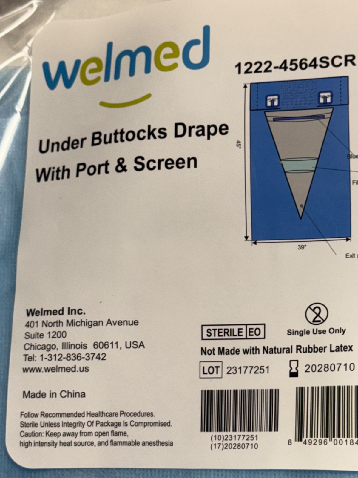 Welmed under buttocks drape with port and screen lot 23177251 1222-4564SCR New