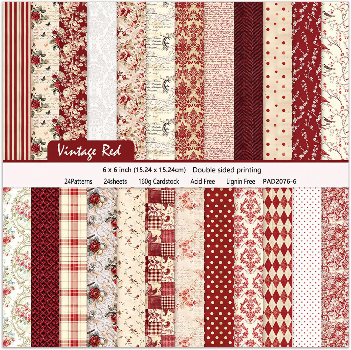 24 Sheets Red Aesthetic Scrapbooking Paper Pad - 6In X 6In Double Sided Flowers