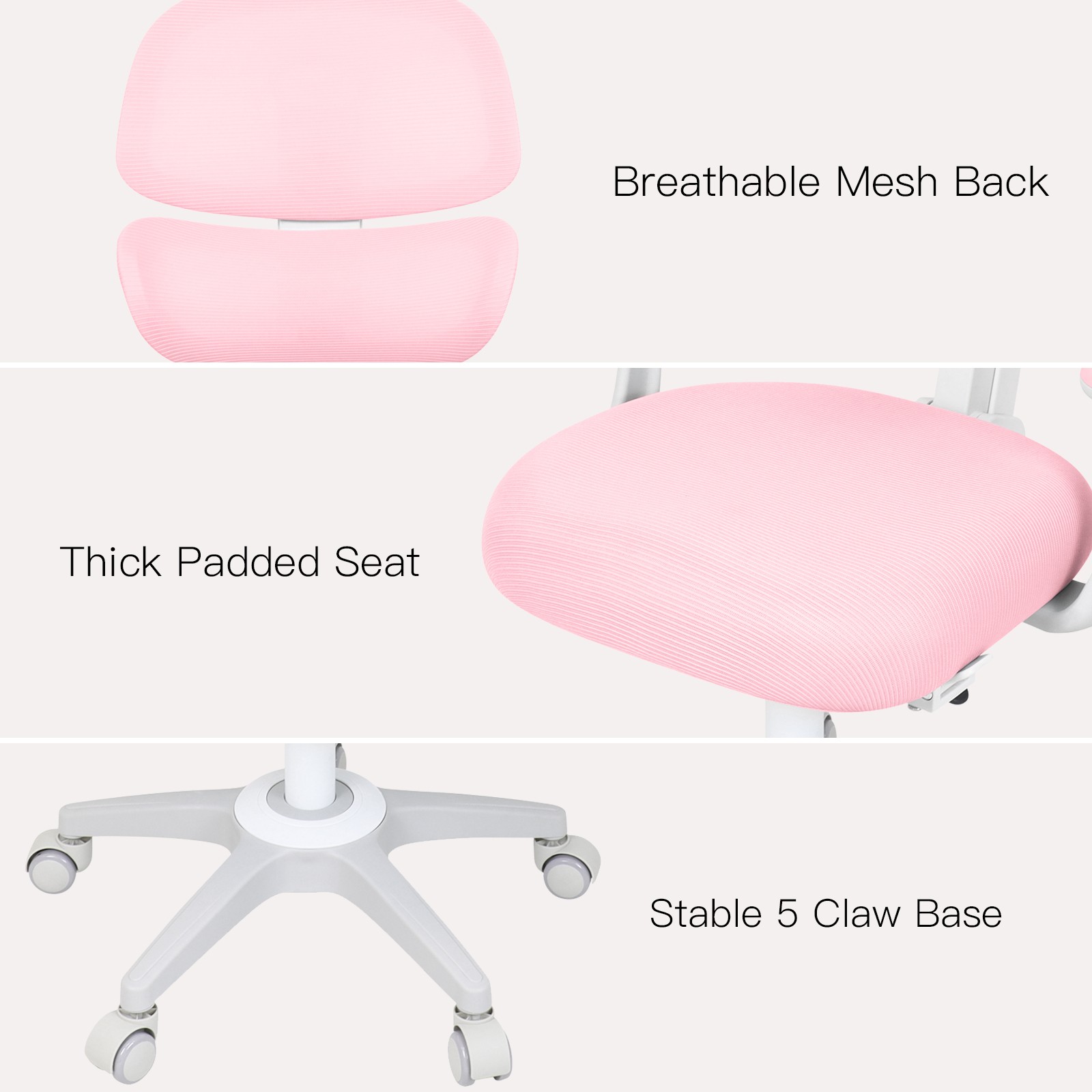 Pink/Gray Kids Study Computer Chairs Back-Following, Sit-Locking, 360° Casters