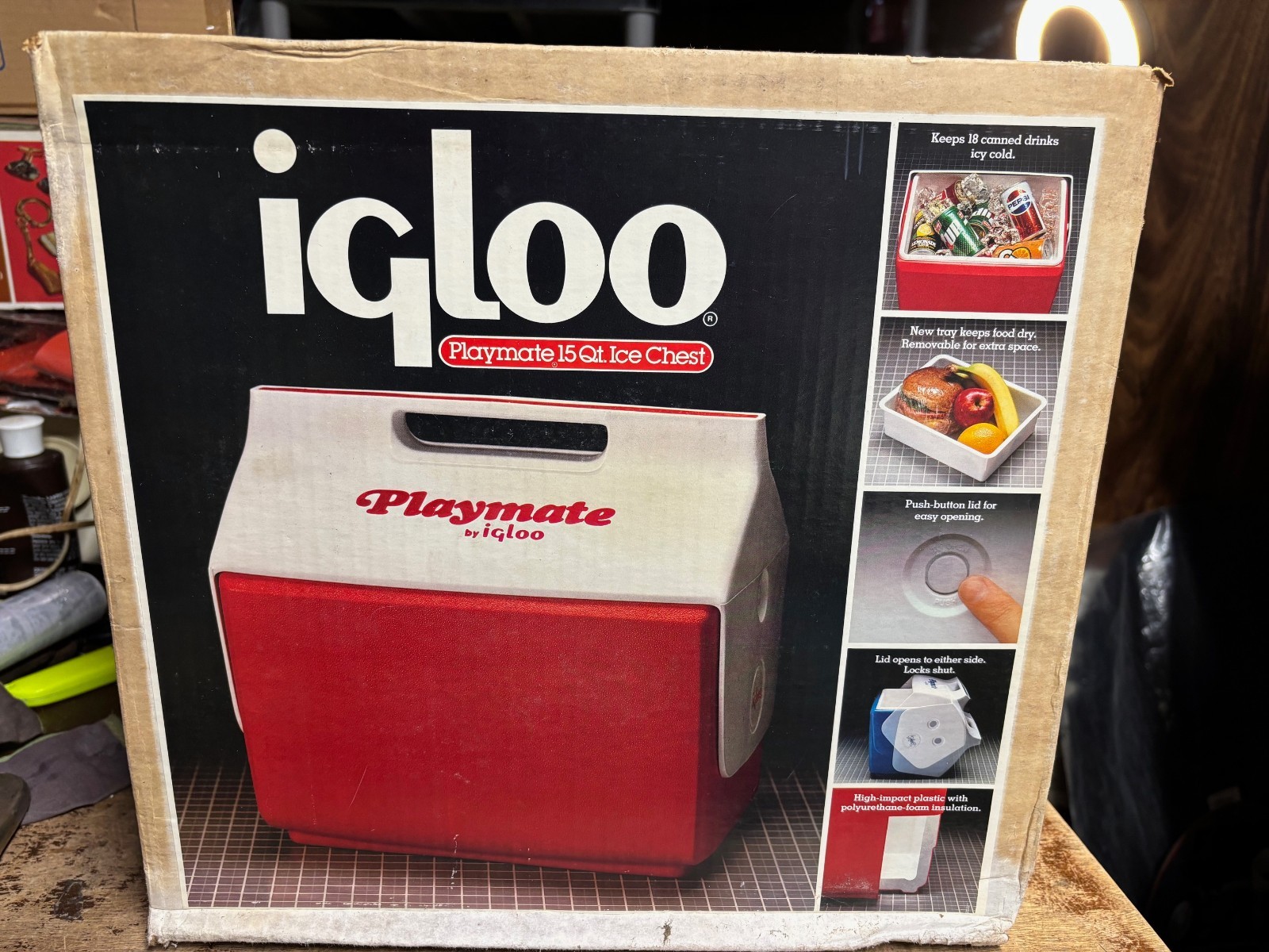 Vintage 1980's Playmate by Igloo  Red & White Cooler 15 Qt W/Push Button NIB