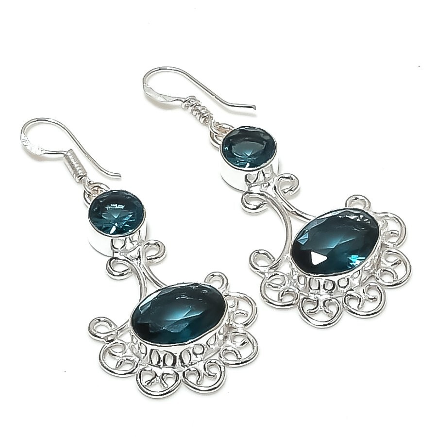 London Blue Topaz Gemstone Handmade 925 Sterling Silver Jewelry Earring Sz 1.9"