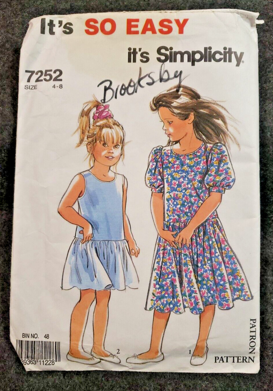 Simplicity 7252 Childrens' Girls' Drop Waist Dress Sizes 4,5,6,7,8 Easy   (C4B3)