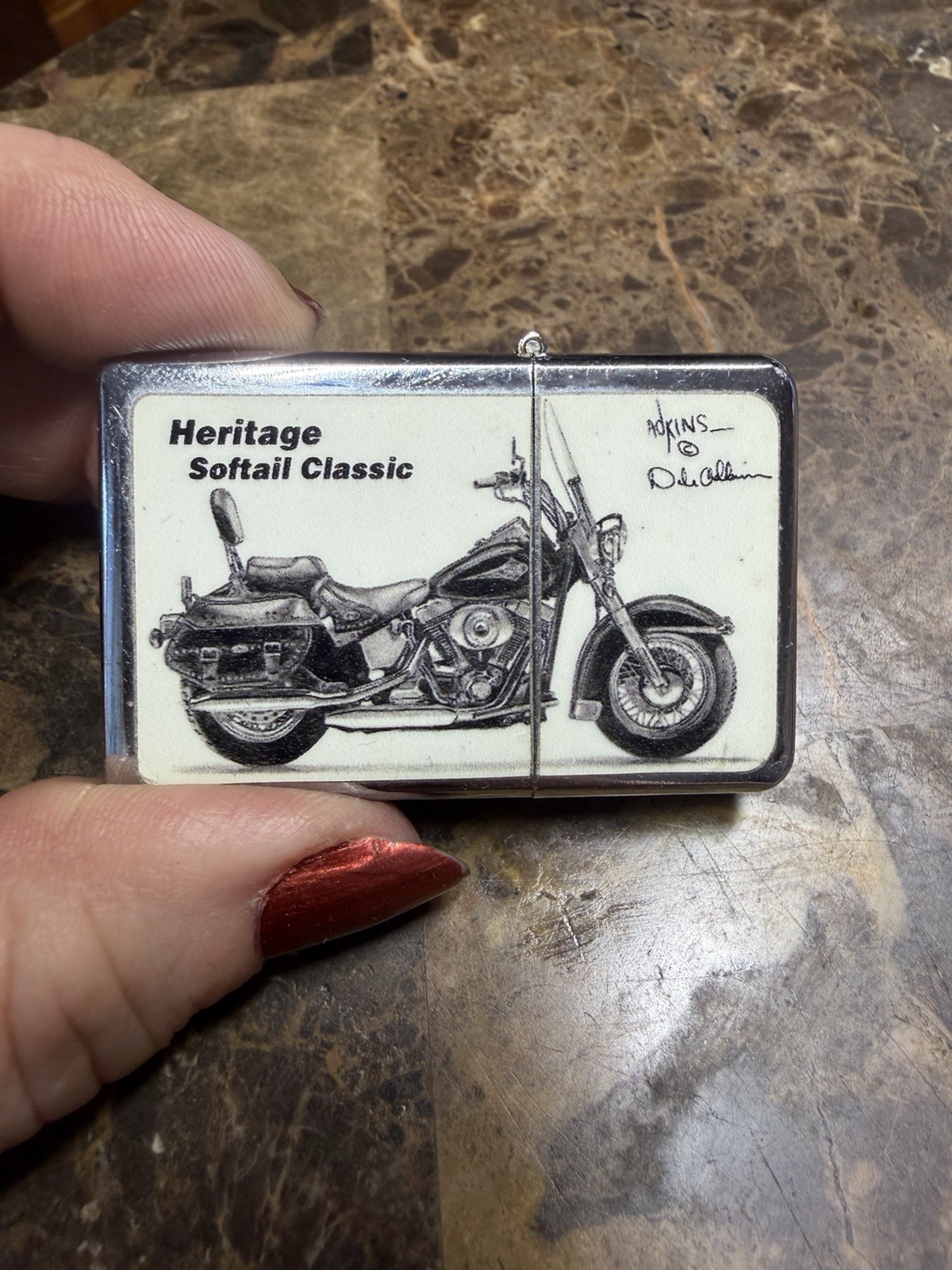 Silver Tone Victor Lighter with image of a Heritage Softail Classic Motorcycle