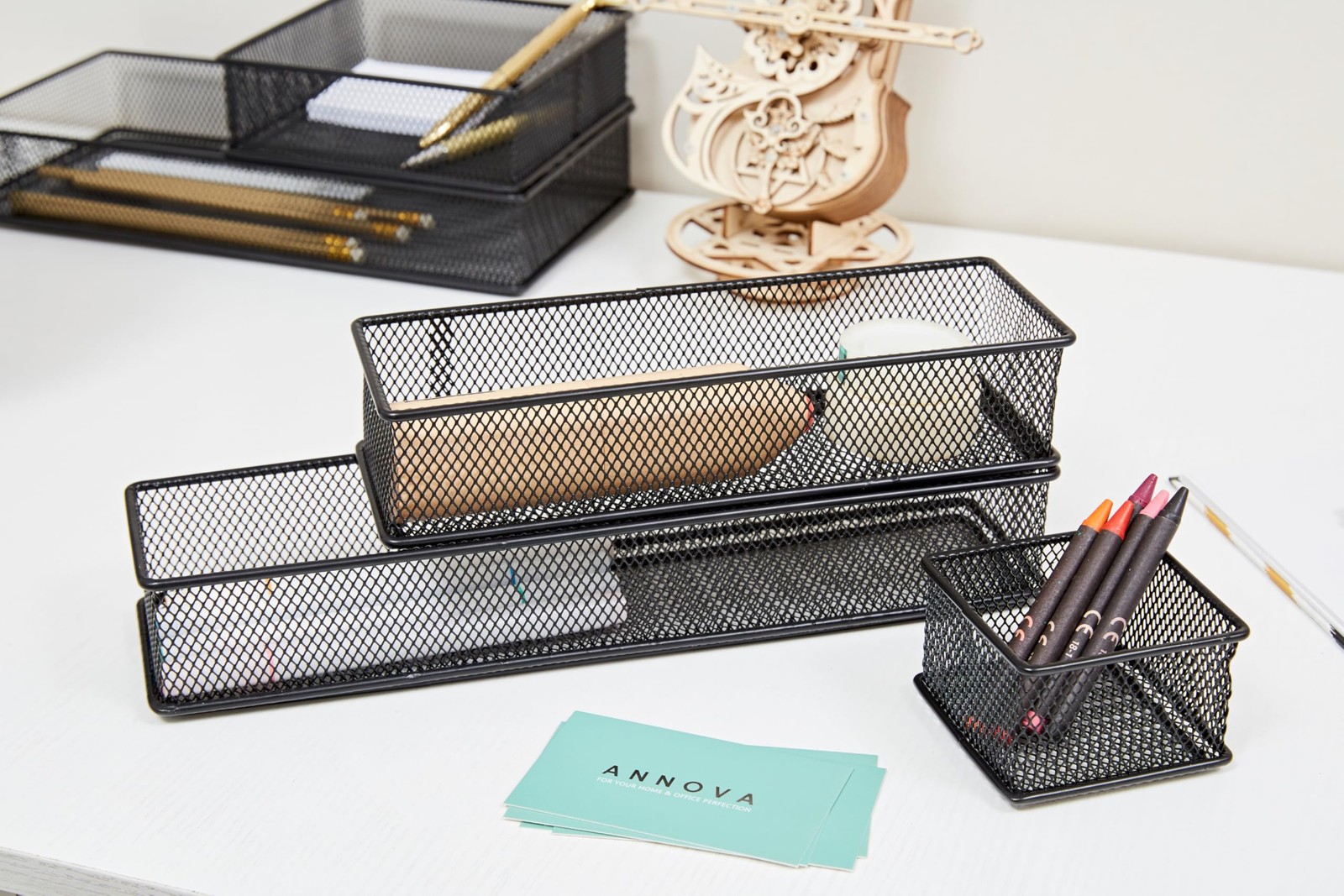 2 Pack 3x12x2 inch Mesh Stackable Drawer Cabinet Shelf Organizer Bins Black