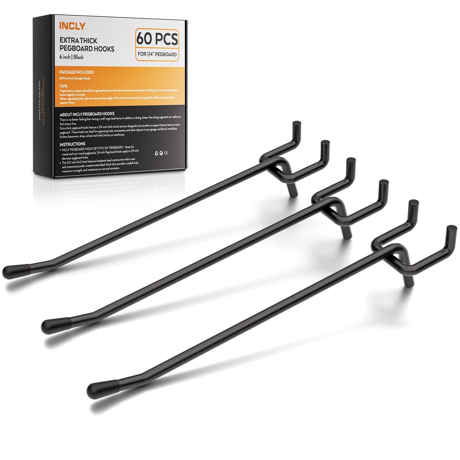 60 Pack 6 Inch Black Pegboard Hooks, 1/4" Heavy Duty Peg Board Shelving Hooks...