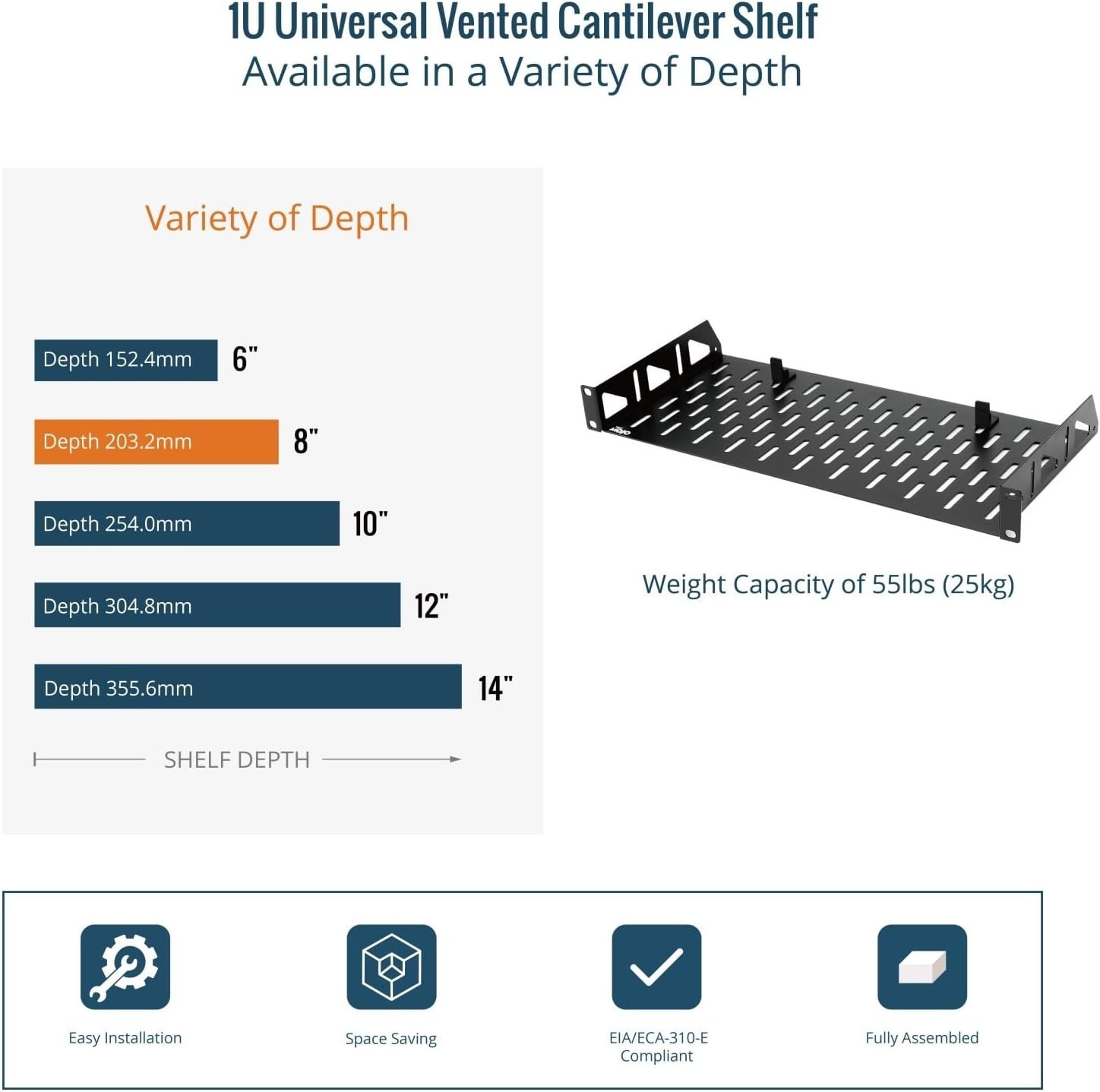 1U Rack Shelf,19 inch Shelf 8 Depth,Rack 8 in/2pack,