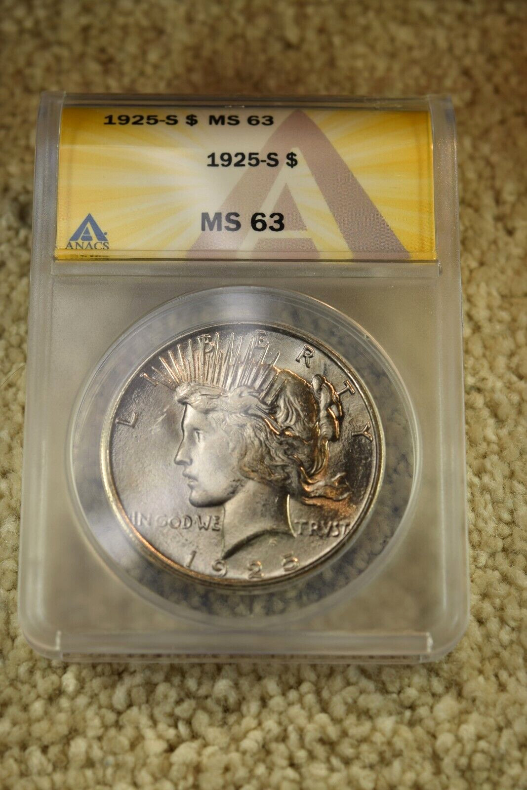 1925-S PEACE DOLLAR ANACS CERTIFIED MS-63 KEY DATE WHITE HOT DOLLAR!   #25