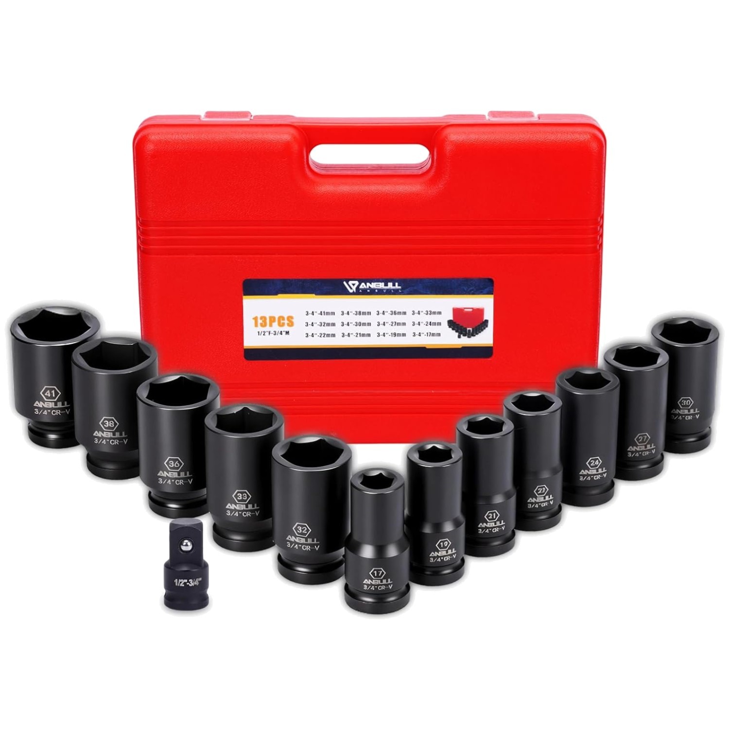 Anbull 3/4 Inch Drive Impact Socket Set - 13 Pc Metric Combo