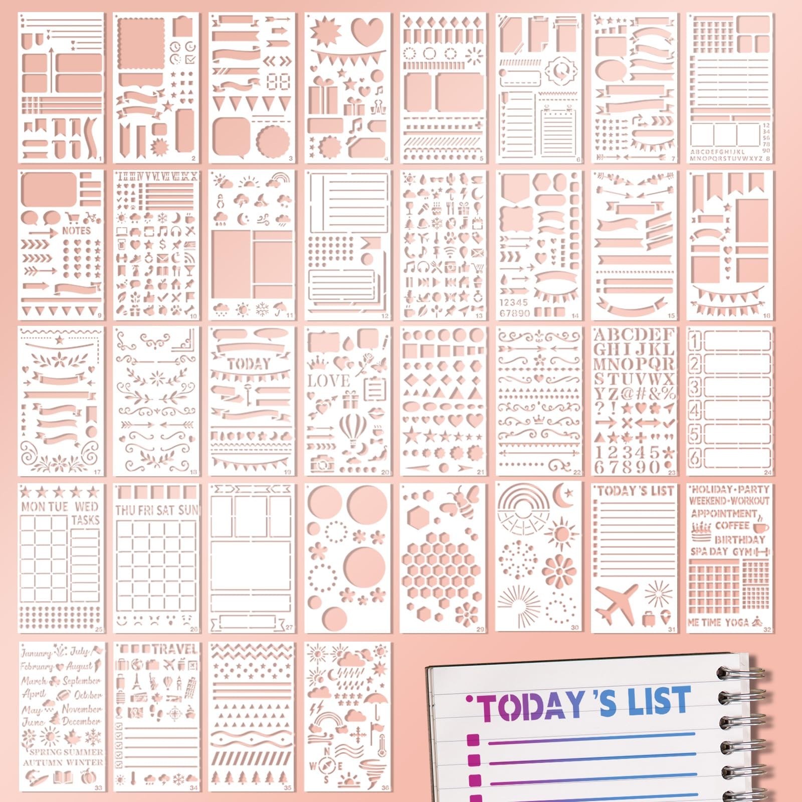 36 Pcs Journal Stencils, Planner Stencils for Journaling 4 x 7 inches, White