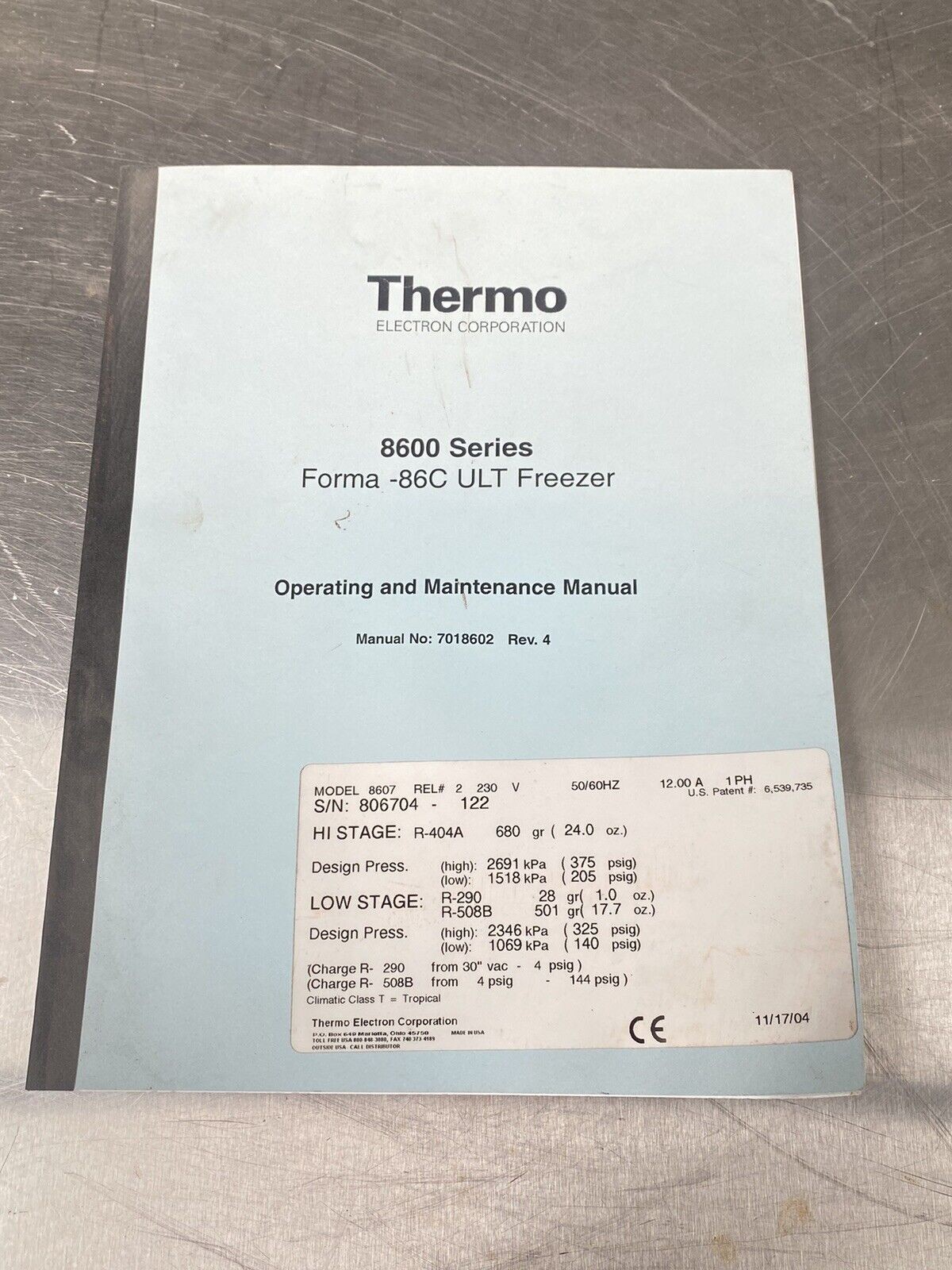 Thermo 8600 Series Forma -86C ULT Freezer - Users Manual / Instructions Book
