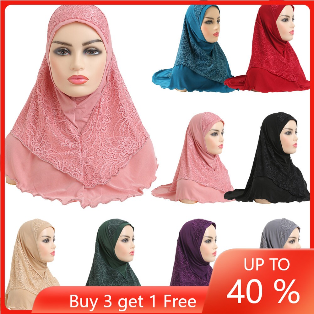 One Piece Amira Muslim Women Hijab Head Scarf Turban Lace Ready To Wear Shawls