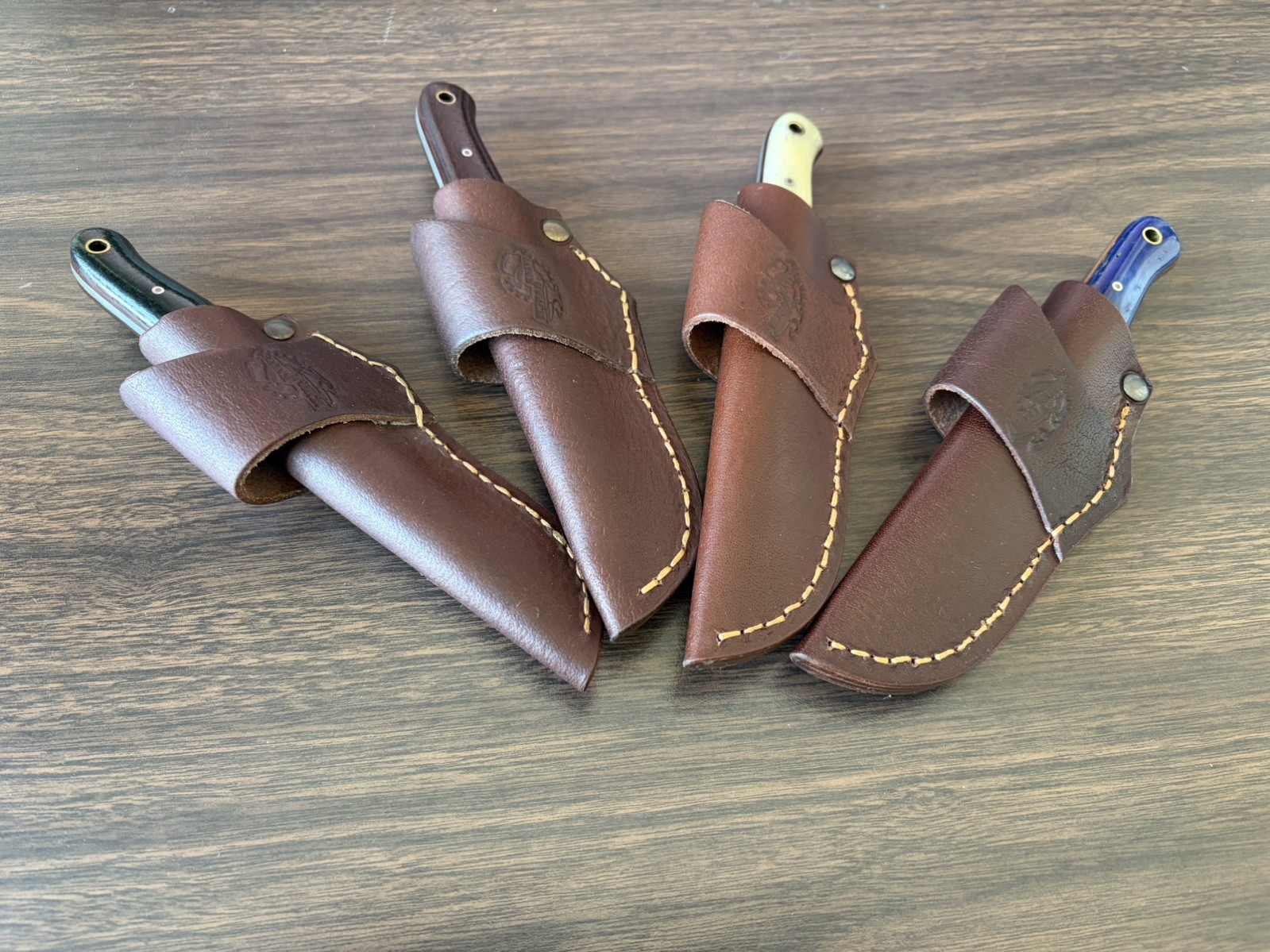 FOUR Damascus Full Tang Fixed Blade Knives (3.25" in) w/ Leather Sheath, Micarta