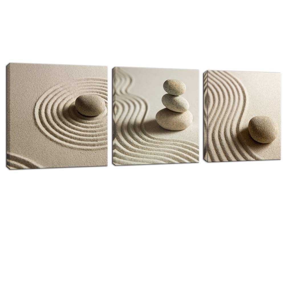 Artsbay 3 Piece Canvas Wall Art Zen 12"W x 12"H x 3 PCS, Stone and Sand