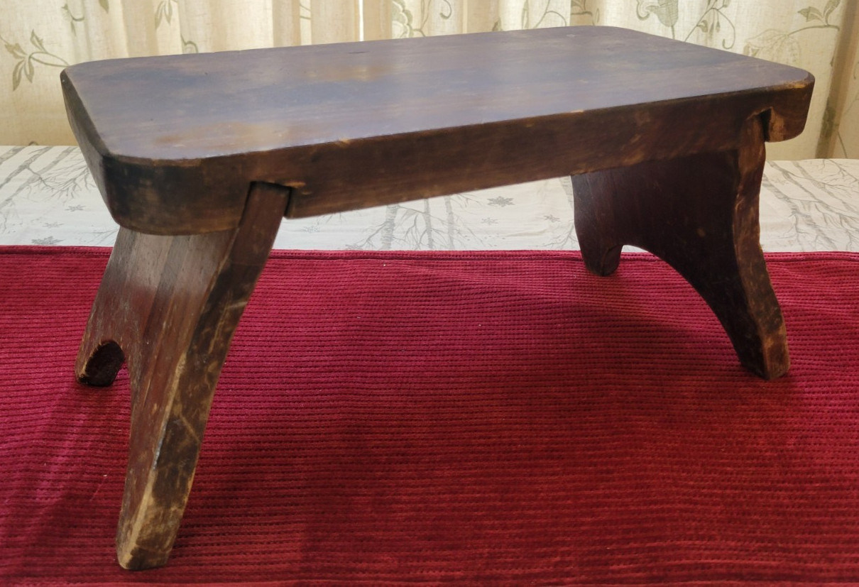 Antique Original Primitive Wood Stool Handmade with Splayed Mouse Hole Sides