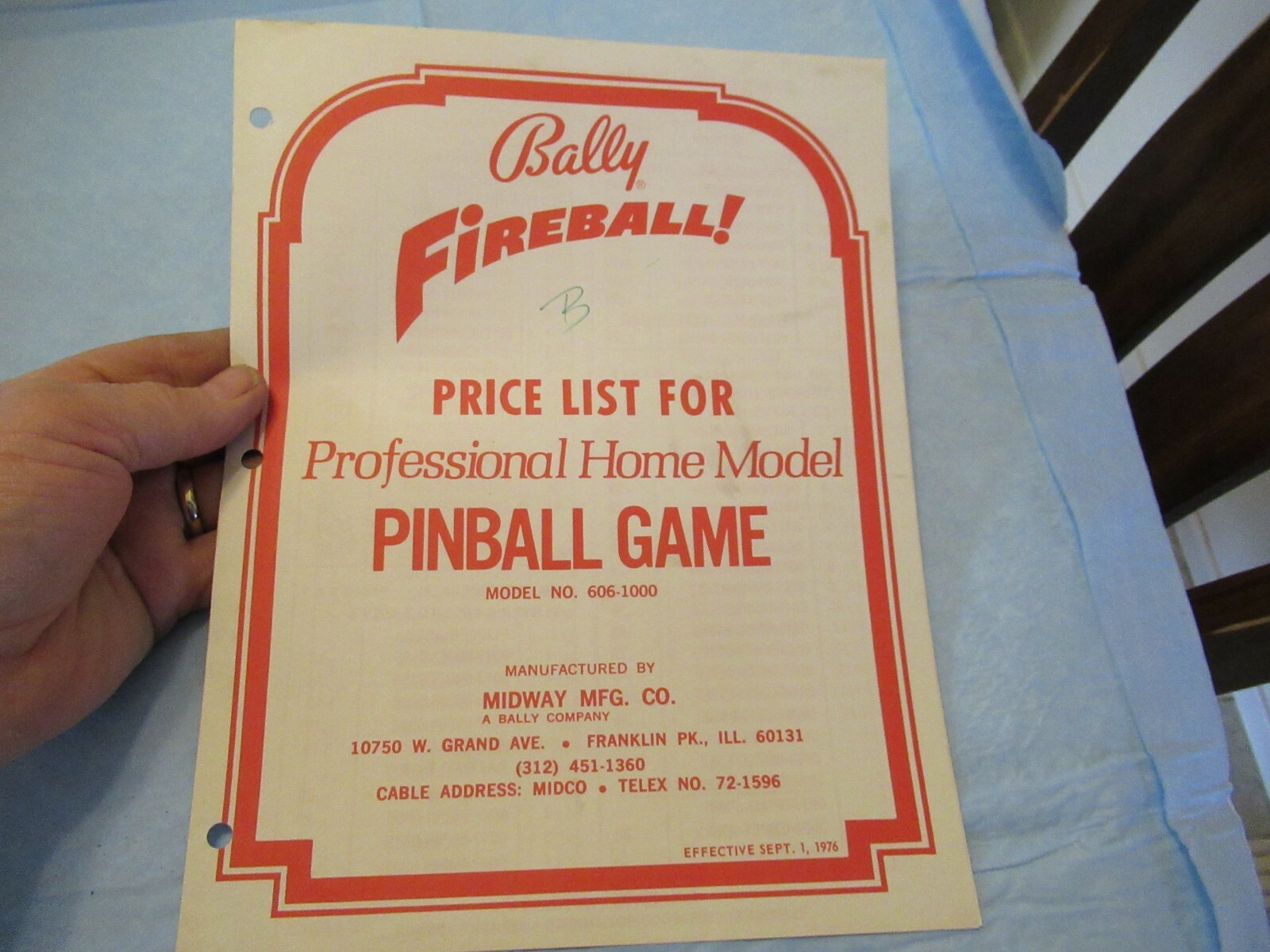 BALLY  PRICE LIST FOR PINBALL GAME MODEL #606-1000  1976