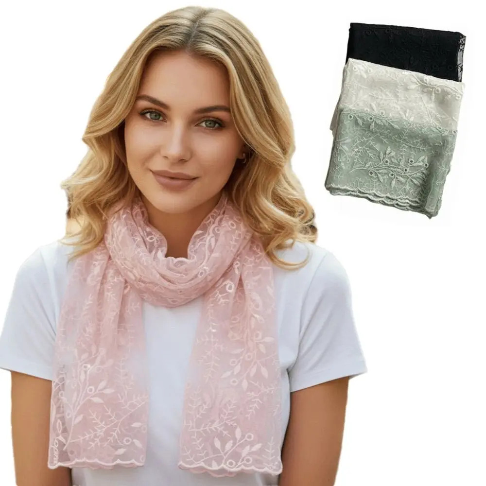 Elegant Embroidered Flower Lace Scarf Breathable Mesh Lightweight Female Headsca