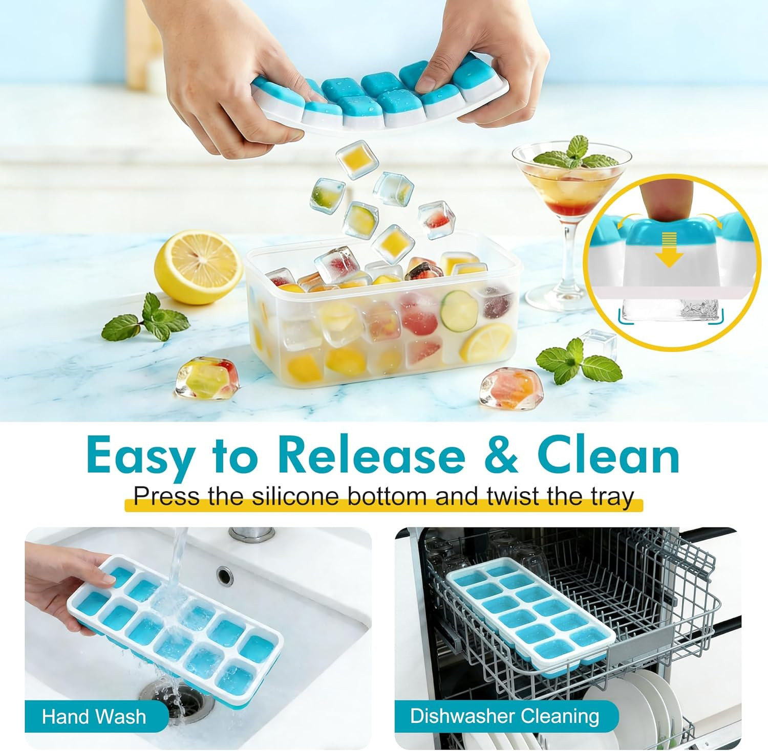 Ice Cube Tray with Lid & Bin - 4 Pack 48 Cubes Stackable Silicone FREE SHIPPING