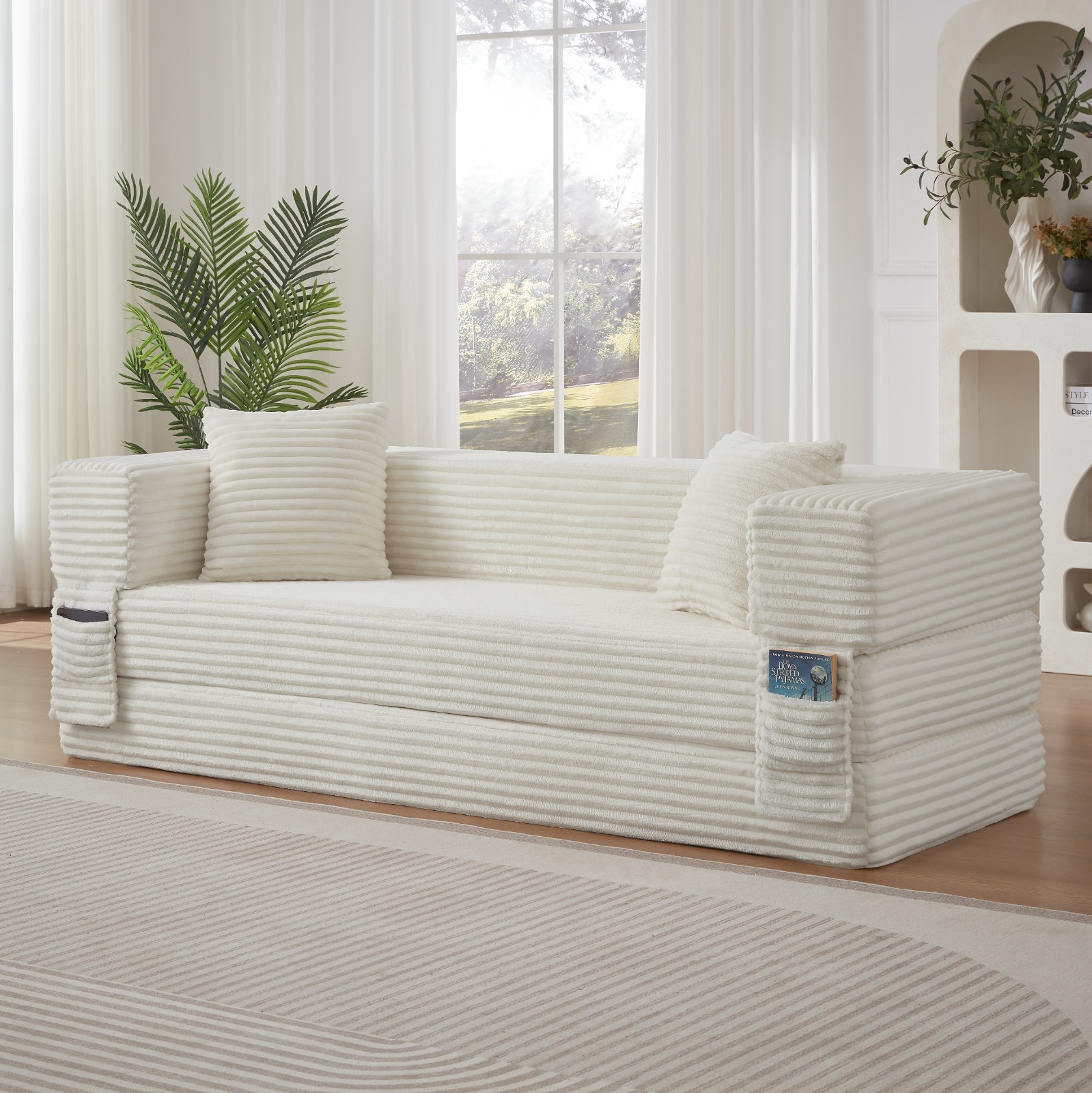 Stylish Convertible Cord Sofa Bed with Unique Two-Tier Design