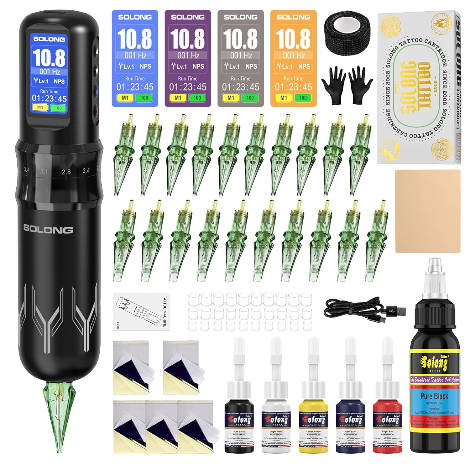 Tattoo Gun,Solong Complete Kit with 7 Stroke Multicolor