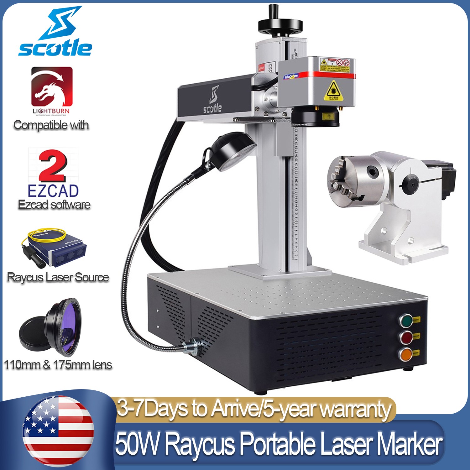 Scotle Raycus 50W Portable Fiber Laser Marking Machine Metal Engraver Rotary US
