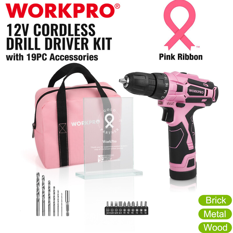 WORKPRO 12V Cordless Drill Driver Set 3/8" Keyless Chuck Screwdriver Driver Pink