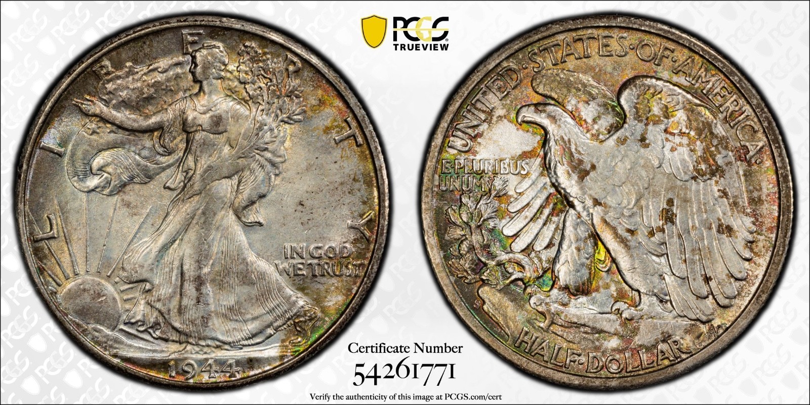 1944-S Walking Liberty Half Dollar – AU55 – Beautifully Toned – Reverse Mounted