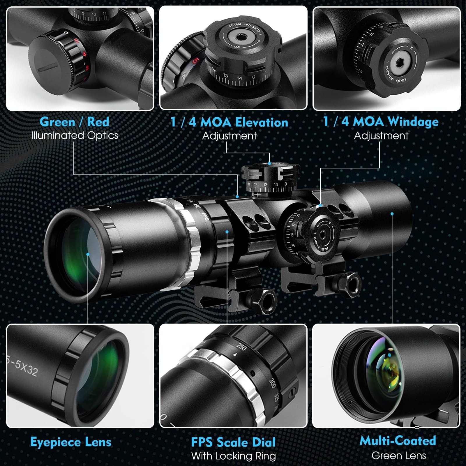 Crossbow Scope 1.5-5x32, with Locking Ring, 250-450 FPS Speed Adjustment, Spe...
