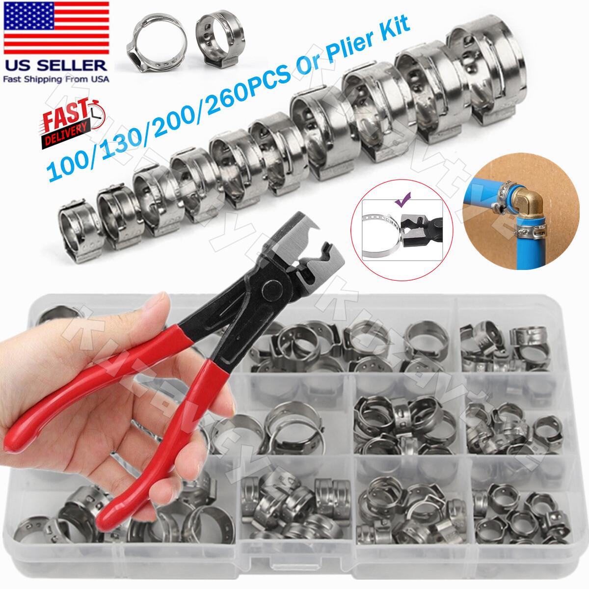 100/260X High Pressure Fuel Hose Clamps Stepless Stainless Steel Single Ear Clip
