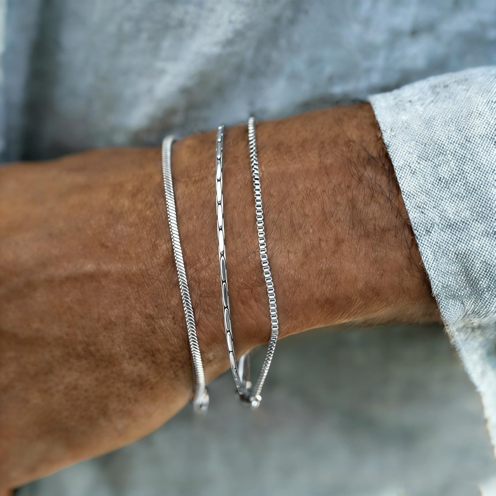 Silver Bracelet for Men - 3 Pcs Mens Stack 14K 7+2 Inch,