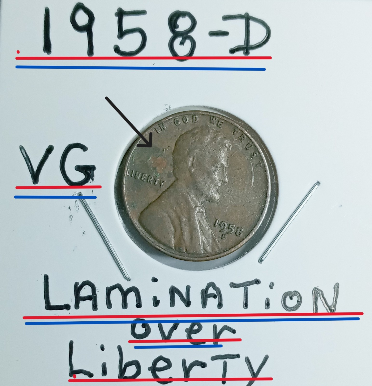 1958 D Wheat Penny Error LAMINATION above Liberty VG Condition Rare Gem