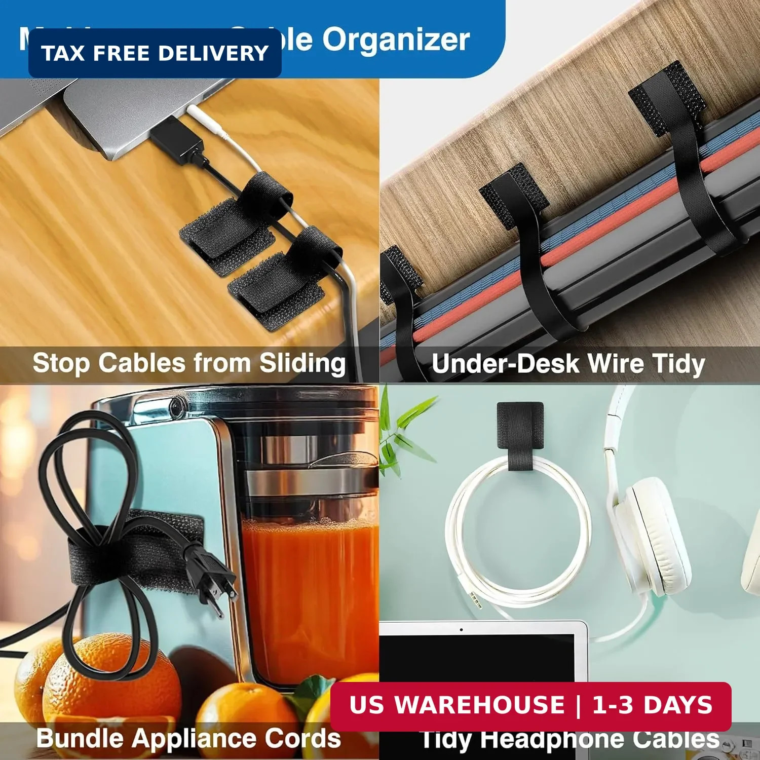 Cable Management Kit - 40 Self-Adhesive Hook & Loop Cable Ties with 2 Extension