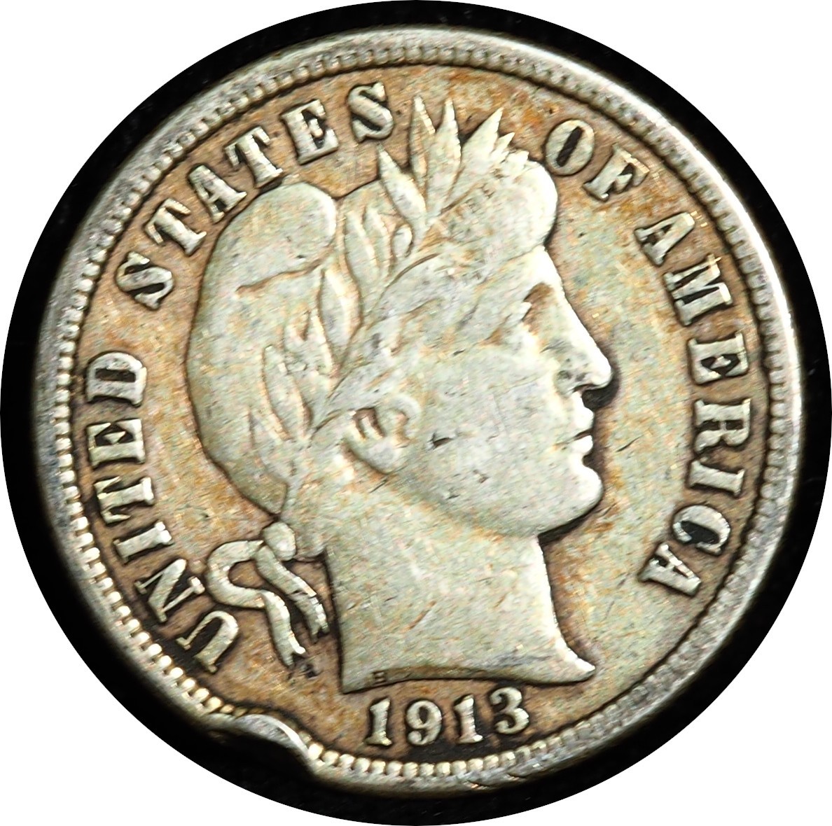 1913 Barber Dime Rim Ding XF
