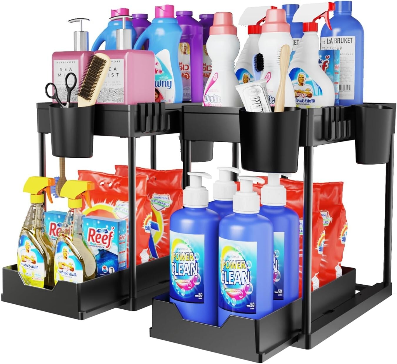 2Pack Double Sliding Under Sink Organizer and Storage 2 Tier Pull Out Black