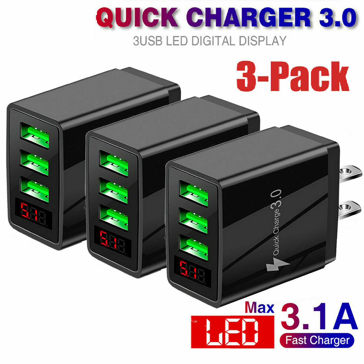 3 Port USB Home Wall Fast Charger QC 3.0 for iPhone Samsung Android Cell Phone
