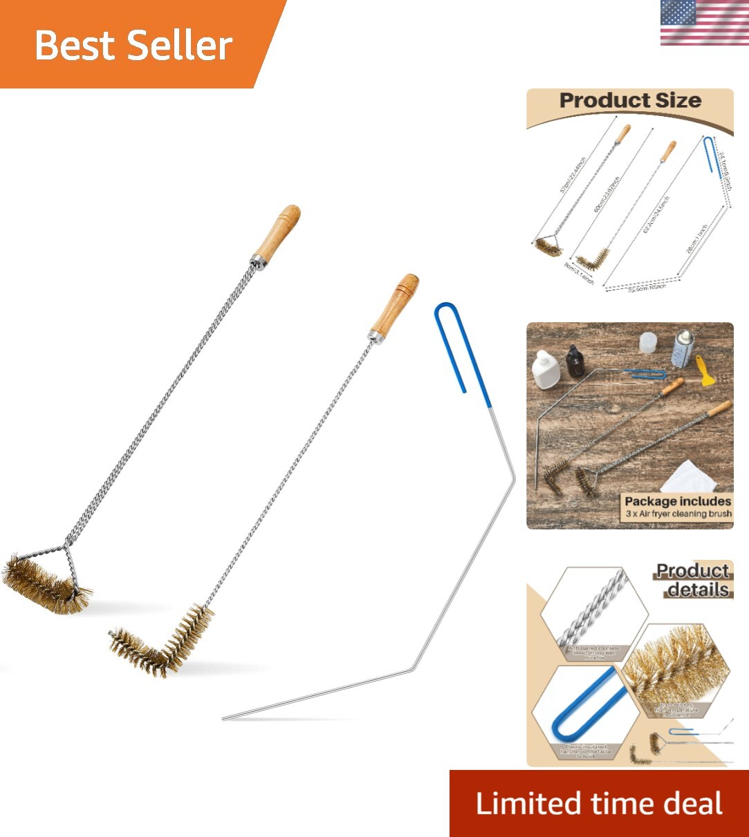 3 Pieces Brass Bristles Fryer Cleaning Tools Including l Shaped Fryer Cleanin...