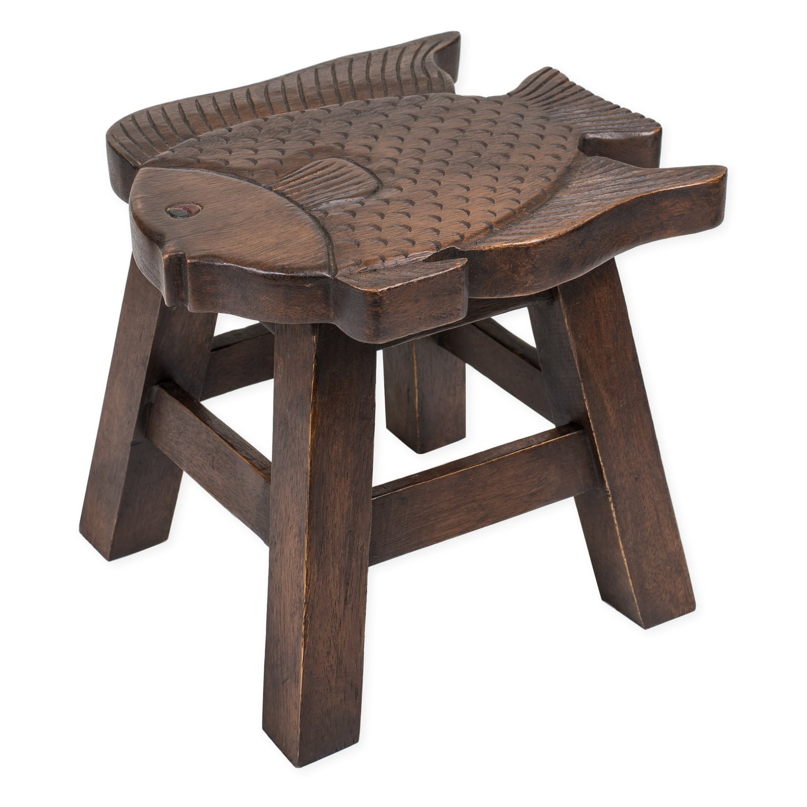 AWEHIRU Fish Stain Design Hand Carved Acacia Hardwood Decorative Short Stool