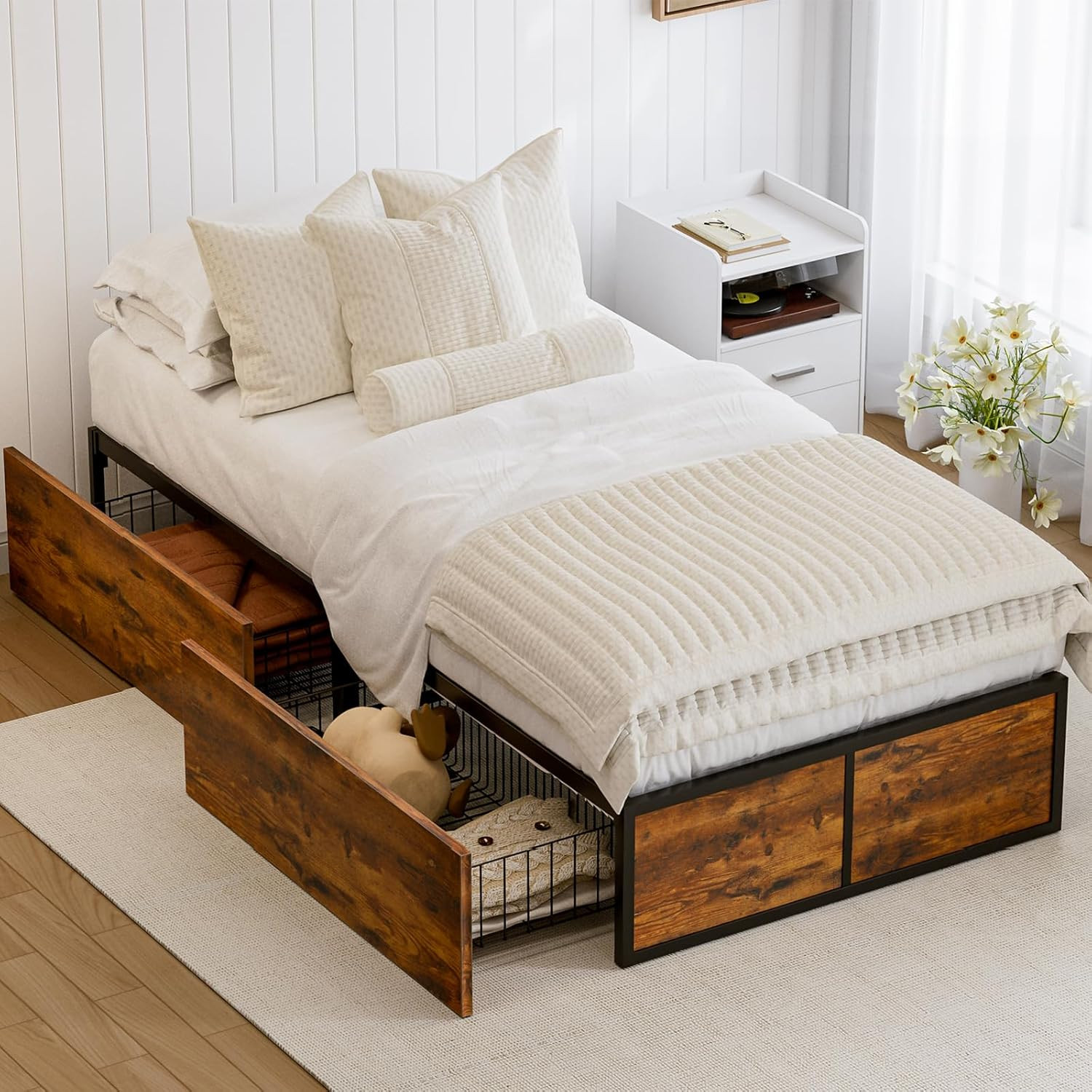 GAZHOME Twin XL Bed Frame with 2 XL Storage Drawers, Metal Platform Bed Frame wi