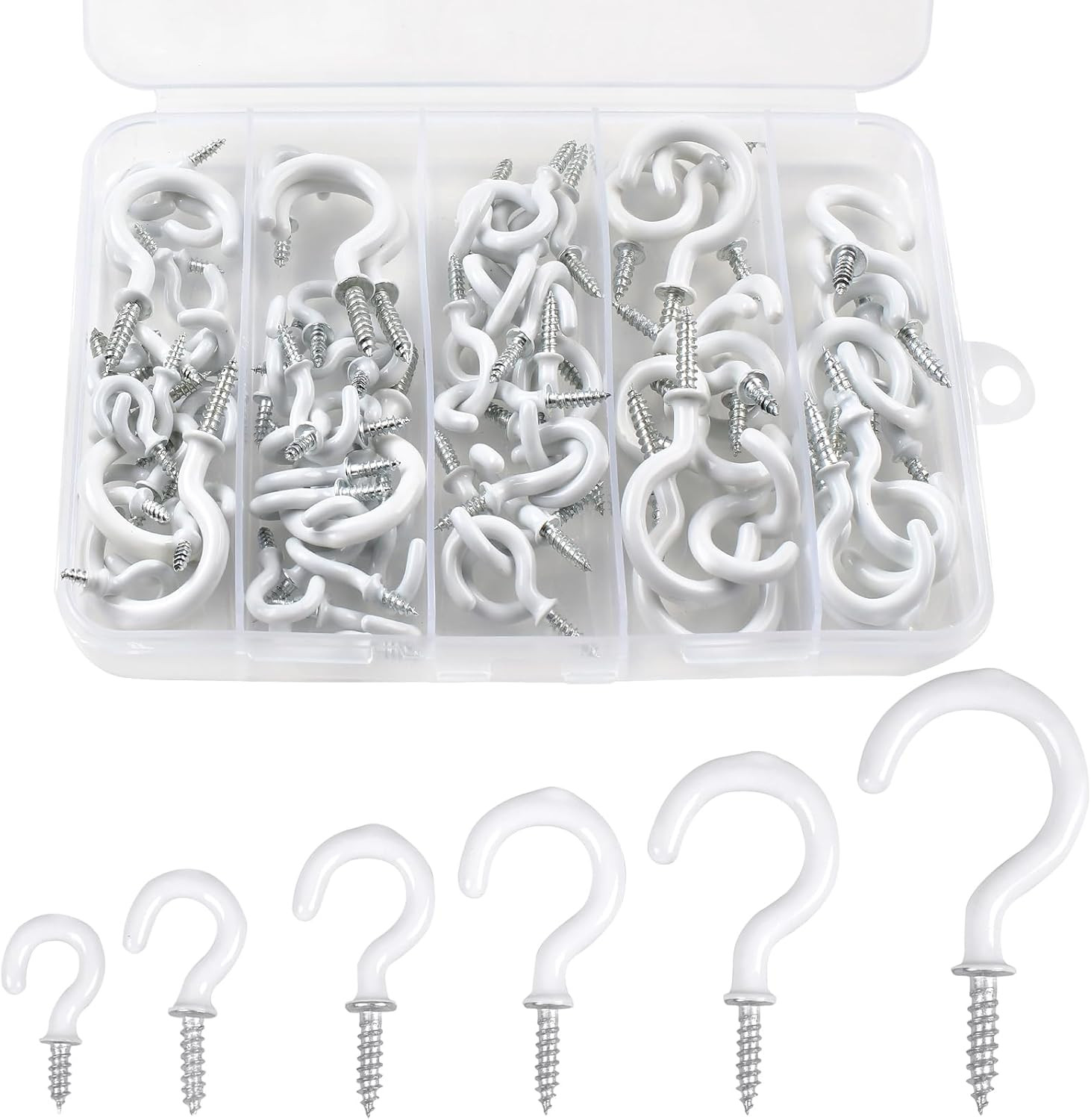 90 Pcs White Ceiling Hooks Kit, 6 Sizes for Hanging Plants and Cups