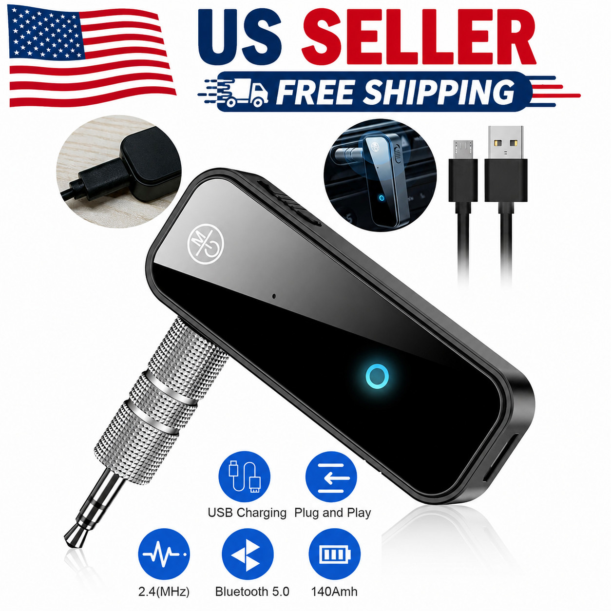 USB Wireless Bluetooth 5.0 Transmitter Receiver 2in1 Audio Adapter 3.5mm Aux Car