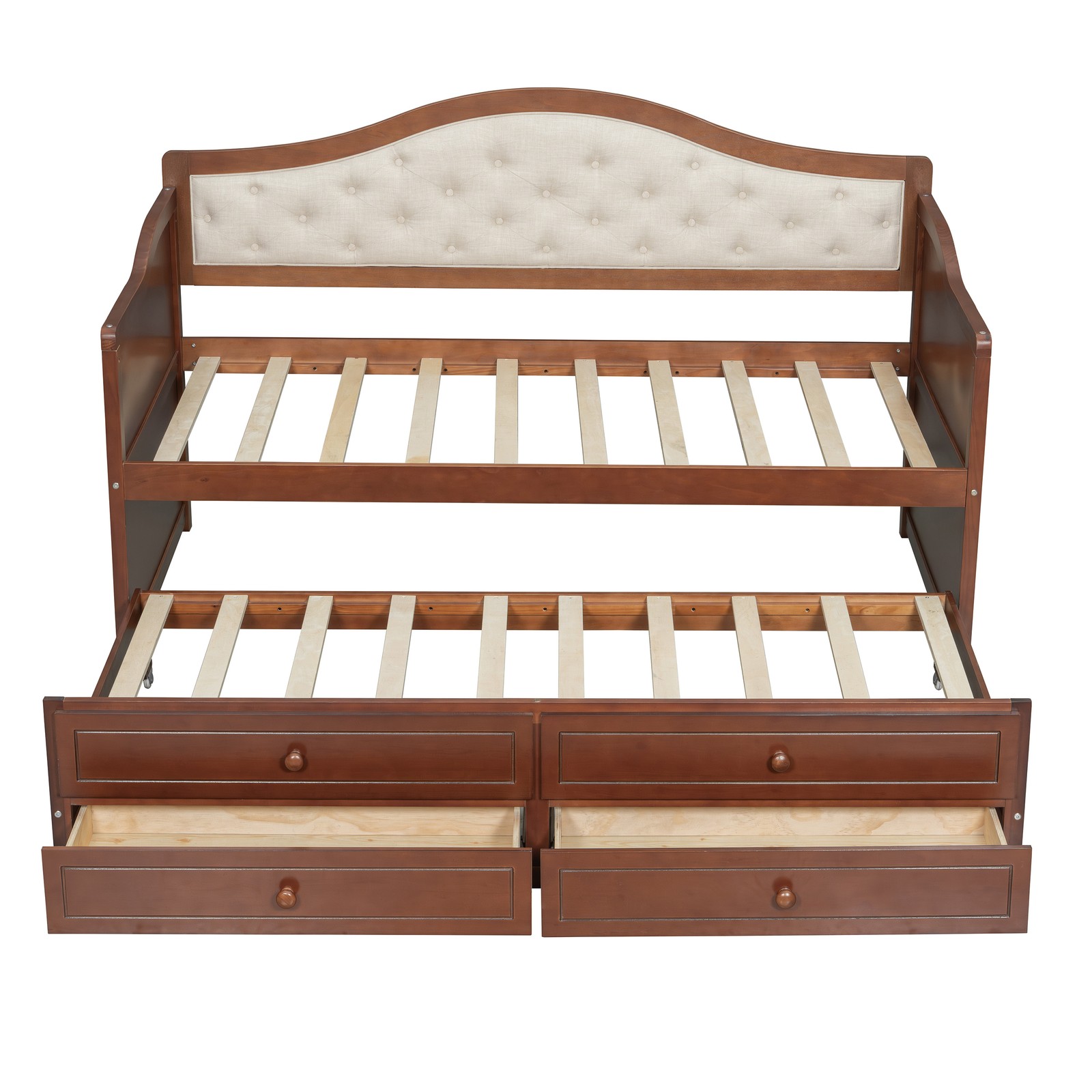Twin Daybed with Trundle Upholstered Headboard 2 Drawers Wooden Sofa Bed Walnut